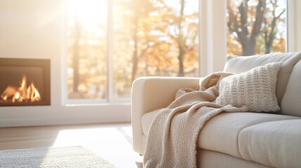 Poster - Sunlit living room with modern sofa and a warm blanket beside a cozy fireplace : Generative AI