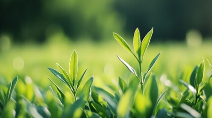 Poster - Lush green tea leaves glistening in natural sunlight capturing the beauty of nature : Generative AI