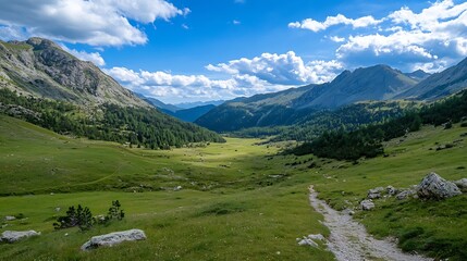 Poster - Expansive Green Valley View Surrounded by Majestic Mountains Under a Bright Blue Sky : Generative AI