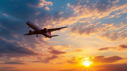 Poster - Airplane Flying During Dramatic Sunset Sky with Beautiful Cloud Patterns : Generative AI