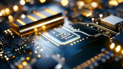 Aufkleber - High Tech Macro Shot of a Computer Circuit Board with Shiny Gold Connections : Generative AI