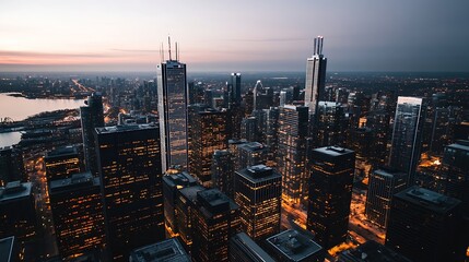 Poster - Breathtaking Aerial View of a Vibrant Urban Skyline at Sunset with Sparkling City Lights : Generative AI