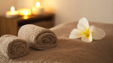 Aufkleber - Cozy spa retreat with rolled towels a flower and soft lighting creating a calming vibe : Generative AI