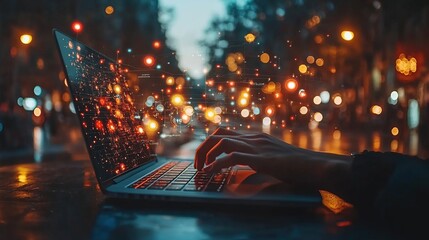 Poster - Night city laptop work, hands typing, digital bokeh, urban background