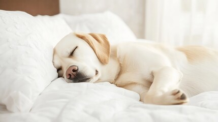 Aufkleber - Peaceful Sleeping Dog on Cozy White Bed with Soft Pillows and Natural Light : Generative AI
