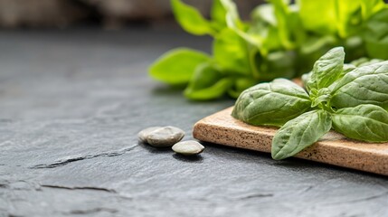 Poster - Fresh basil leaves on wooden cutting board with smooth stones on rustic slate background : Generative AI