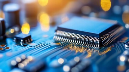 Leinwandbilder - Close Up of a Circuit Board with a Microchip and Bokeh Lights Background : Generative AI