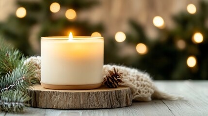Aufkleber - Charming candle illuminating a cozy setting surrounded by soft lights and pine decor : Generative AI