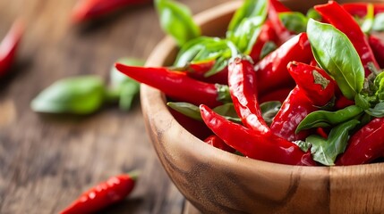 Poster - Fresh red chilies and basil leaves arranged in a wooden bowl : Generative AI