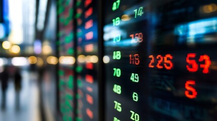 Poster - Display board showing stock market trends with red and green numbers indicating financial activities : Generative AI