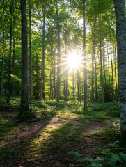 Poster - Dramatic sunlight filtering through tall trees in a lush green forest : Generative AI