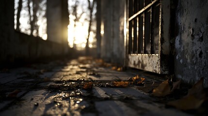 Poster - Rustic Pathway with Leaves and Natural Light Glowing Through an Old Iron Gate : Generative AI