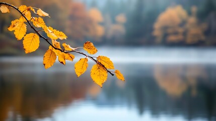 Poster - Vibrant Autumn Leaves Reflecting on Calm Lake Surrounded by Misty Forest : Generative AI