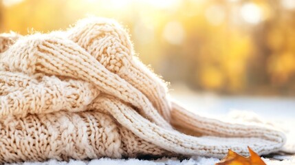 Poster - Knitted Cozy Sweater Laid on Snow with Fall Leaves and Soft Sunlight : Generative AI