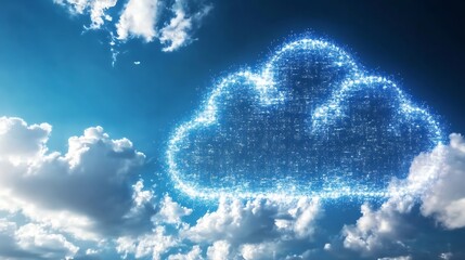 Aufkleber - Digital cloud symbol glowing against a backdrop of a bright blue sky with soft white clouds depicting data storage concepts : Generative AI