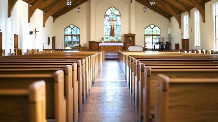Poster - The interior of a peaceful church featuring wooden pews and a beautiful sunlit altar : Generative AI