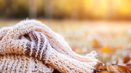 Poster - Cozy knitted wool scarf resting on golden autumn leaves with soft sunlight in the background : Generative AI