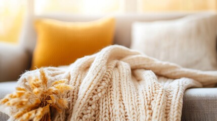 Poster - Cozy Living Room Scene with Soft Knit Blanket and Decorative Cushions in Warm Light : Generative AI