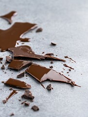 Aufkleber - Melted and broken dark chocolate pieces scattered on a gray surface showcasing rich texture and glossy sheen : Generative AI