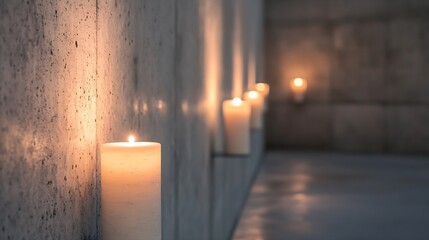 Leinwandbilder - Soft glowing candles lined along a concrete wall creating a tranquil ambiance : Generative AI