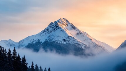 Poster - Majestic Snow Capped Mountain Peak Surrounded by Mist and Scenic Sunrise Glow : Generative AI