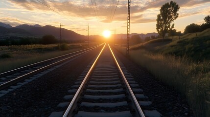 Poster - Serene sunset view at railway tracks leading into the horizon surrounded by nature : Generative AI
