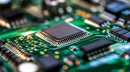Poster - Close up of a complex green circuit board with microchips : Generative AI