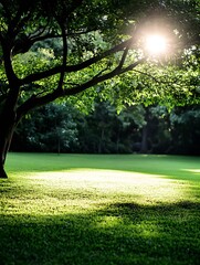 Poster - Sunlight filtering through lush green trees creating a glowing bright atmosphere on the grass : Generative AI