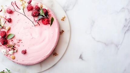 Poster - Delicious pink raspberry cream cake topped with fresh fruits arranged beautifully on a marble surface : Generative AI