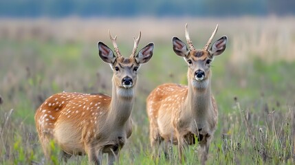 Poster - Two Curious Spotted Deer Standing Together in a Field Full of Grass : Generative AI