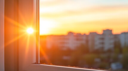 Aufkleber - Breathtaking sunset view through window illuminating soft light and nature's beauty : Generative AI