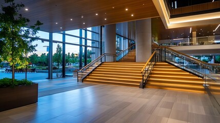 Aufkleber - Modern architectural interior with elegant stairs and natural light reflecting through glass windows in a commercial building : Generative AI