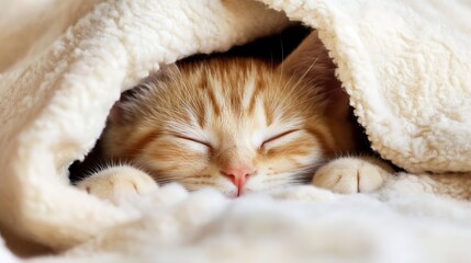 Aufkleber - Sleeping orange kitten snuggled in a warm blanket creating a cozy and heartwarming scene at home : Generative AI