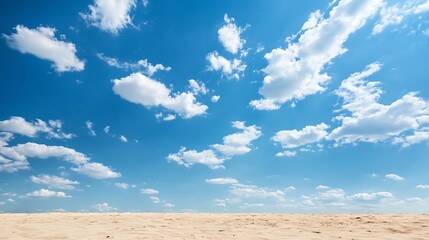 Poster - Expansive view of serene blue sky with fluffy clouds and golden sandy ground : Generative AI
