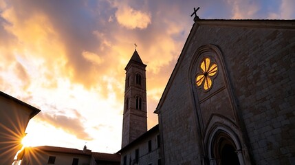 Poster - Historic Church Silhouette Against the Colorful Sunset Sky with Dramatic Clouds : Generative AI