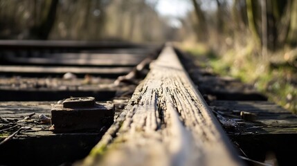 Poster - Closeup view of rustic wooden railway tracks overgrown with moss showcasing nature's reclaiming of manmade structures : Generative AI
