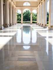 Poster - Spacious and bright interior of an elegant marble hallway with stunning reflections and natural light : Generative AI