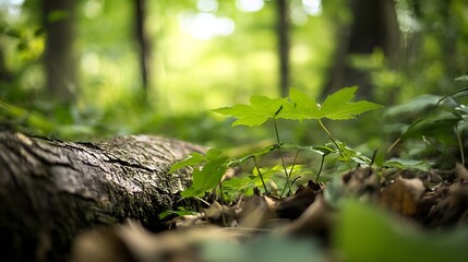 Poster - Delicate Green Leaves Growing Amidst Soft Earth and Fallen Logs in Lush Forest Environment : Generative AI