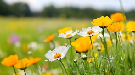 Poster - Beautiful closeup of colorful wildflowers blooming in a sunny meadow during springtime : Generative AI