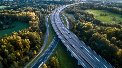 Aufkleber - Aerial View of Busy Highway Curving Through Lush Green Hills and Forest : Generative AI
