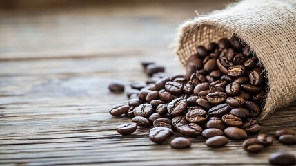 Poster - Freshly roasted coffee beans spilling out of a burlap sack on a rustic wooden surface : Generative AI