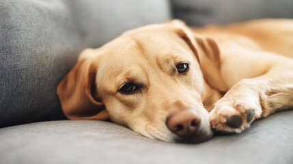 Poster - Calm Sleepy Dog Lying on Grey Couch Relaxing and Looking at Camera in Comfortable Living Room : Generative AI