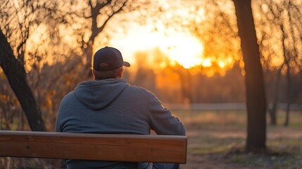 Aufkleber - Lonely silhouette of a man contemplating the beautiful sunset while sitting on a park bench : Generative AI