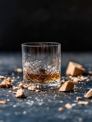 Aufkleber - Elegant whiskey glass with ice showcasing rich amber color and crushed biscuits on a dark surface : Generative AI