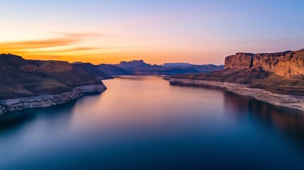 Poster - Breathtaking Aerial View of Tranquil Lake at Sunset with Vibrant Colors and Serene Landscape : Generative AI