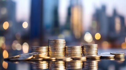 Aufkleber - Stacked Coins with Blurred City Lights in the Background Representing Wealth : Generative AI
