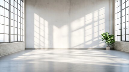 Aufkleber - Sunlit room with large windows casting shadows featuring a vibrant green plant in a corner : Generative AI