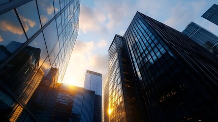 Poster - Sunset Reflection on Modern Skyscrapers with Glass Facades : Generative AI