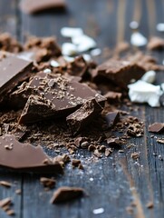 Aufkleber - Closeup of broken chocolate pieces scattered on wooden surface conveying indulgent treat texture : Generative AI