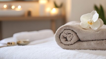 Aufkleber - Stylish Spa Setup with Rolled Towels and Orchid Flower for Relaxing Atmosphere : Generative AI